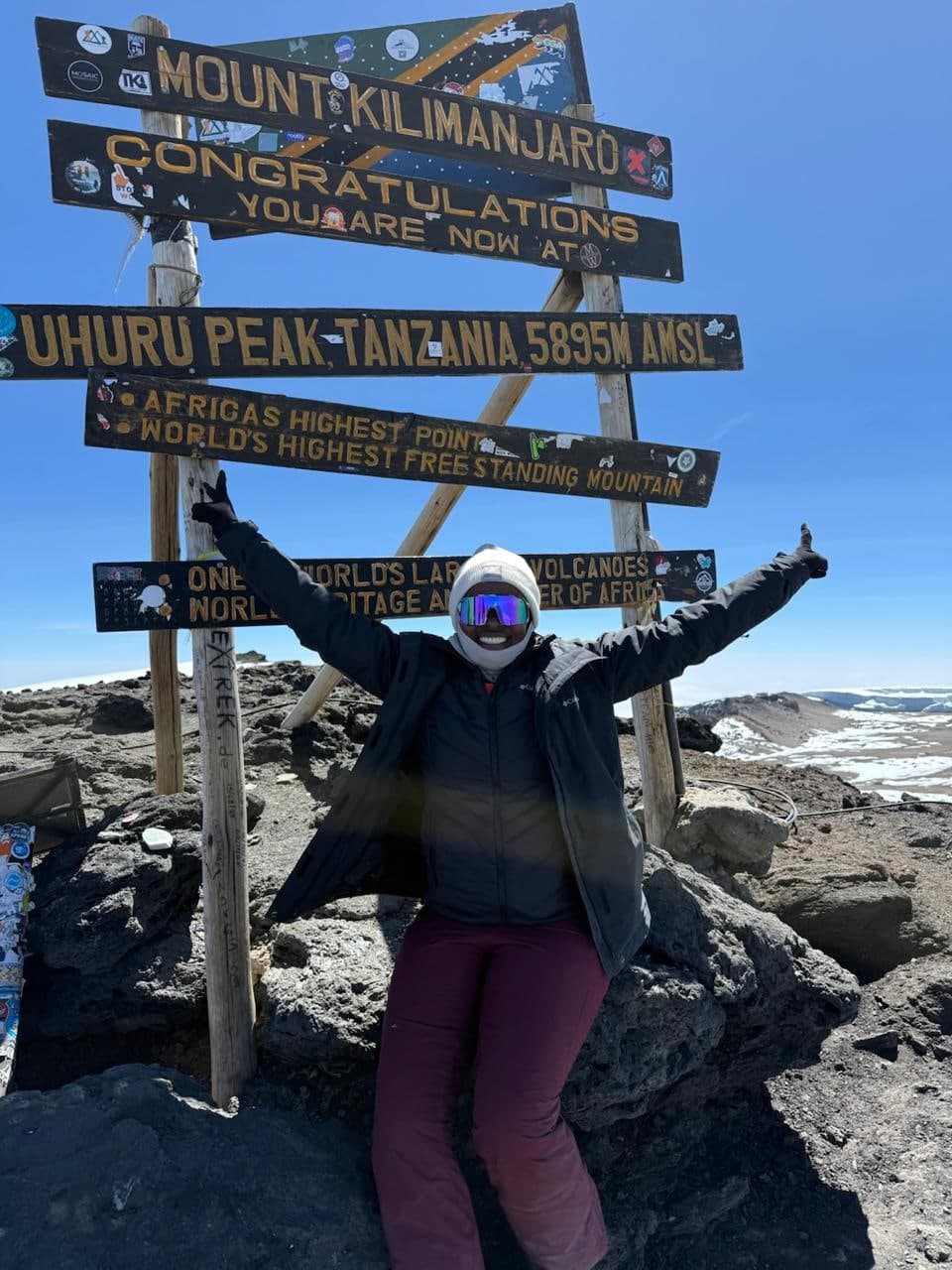 Uhuru Peak, 5,895m — Rose's third attempt, and her first summit